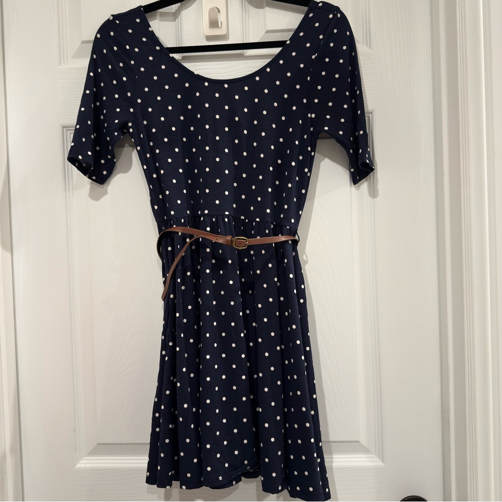 Navy Blue and White Polka Dot Short Sleeve Fit & Flare Dress with Removable Belt